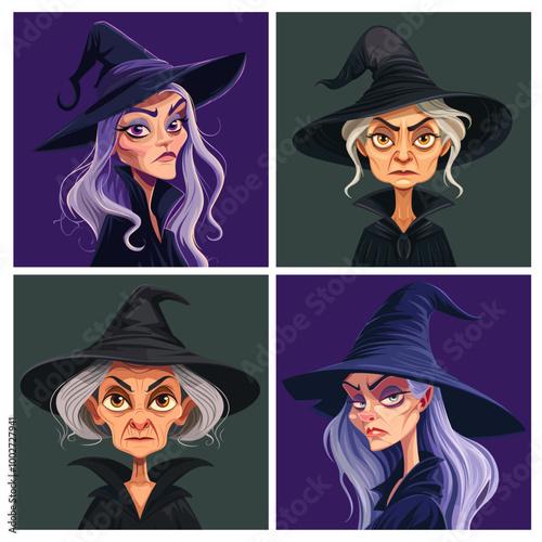 Scary witches portraits. Old evil woman female halloween costume fantasy hat and dress ugly wicked sorcerer character horror magician gothic witch vector illustration