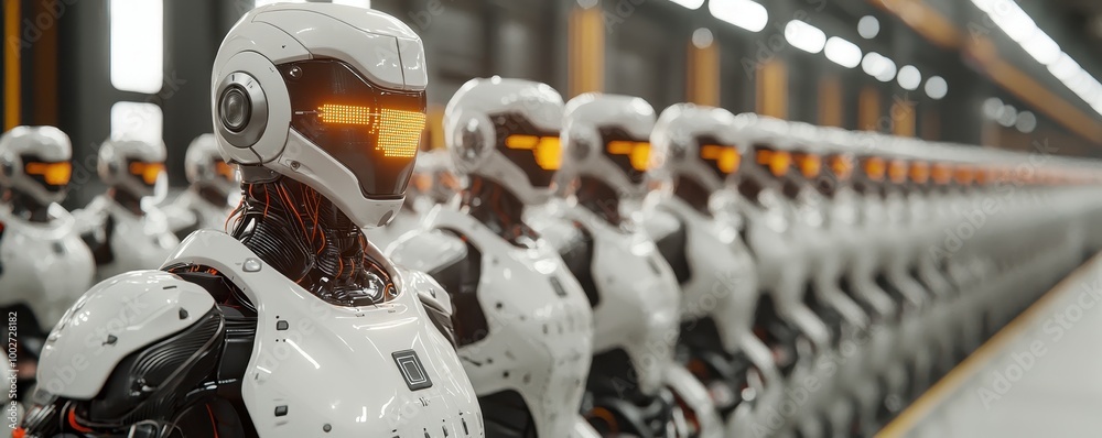 Fototapeta premium Industrial production line with robotic exoskeletons assisting human workers, AI-enhanced safety systems, and seamless coordination between machines