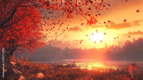 A fiery sunset casts an orange glow on a fall landscape, with red leaves falling from a tree.