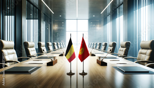 A modern conference room with Belgium and Kyrgyzstan flags on a long table, symbolizing a bilateral meeting or diplomatic discussions between the two nations. photo