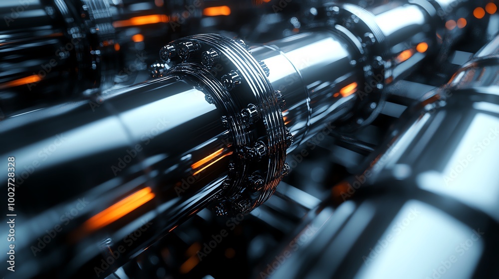 Fototapeta premium Close-up of metallic pipes with orange glowing accents in an industrial setting.