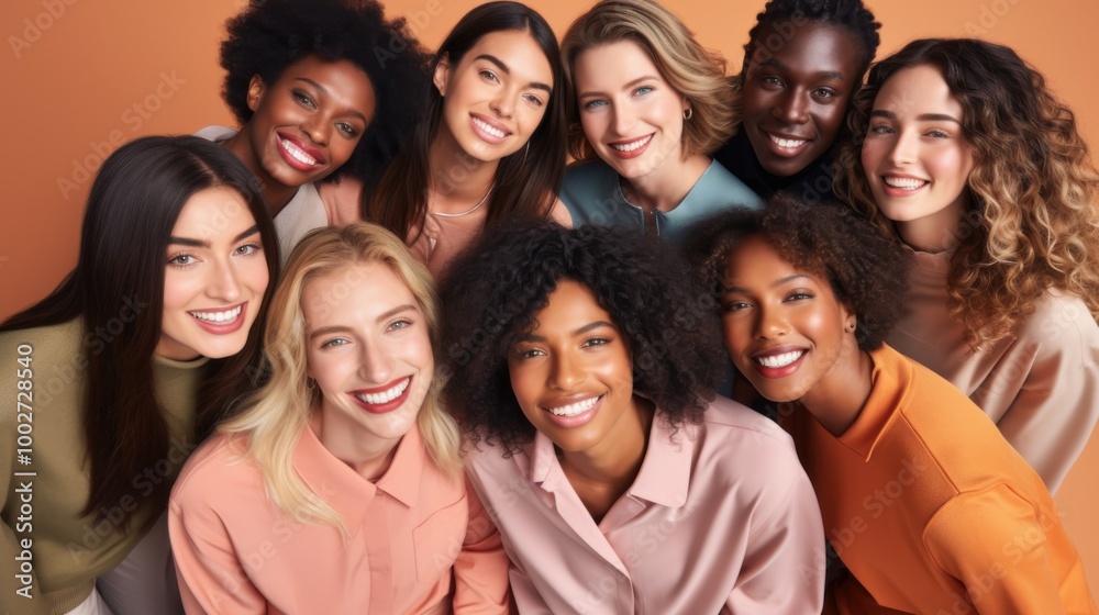 An overhead view of a diverse group of fashion models, smiling brightly against a warm-toned background, showcasing beauty and unity. An overhead view of a diverse group of fashion models, smiling brightly against a warm-toned background, showcasing beauty and unity.
