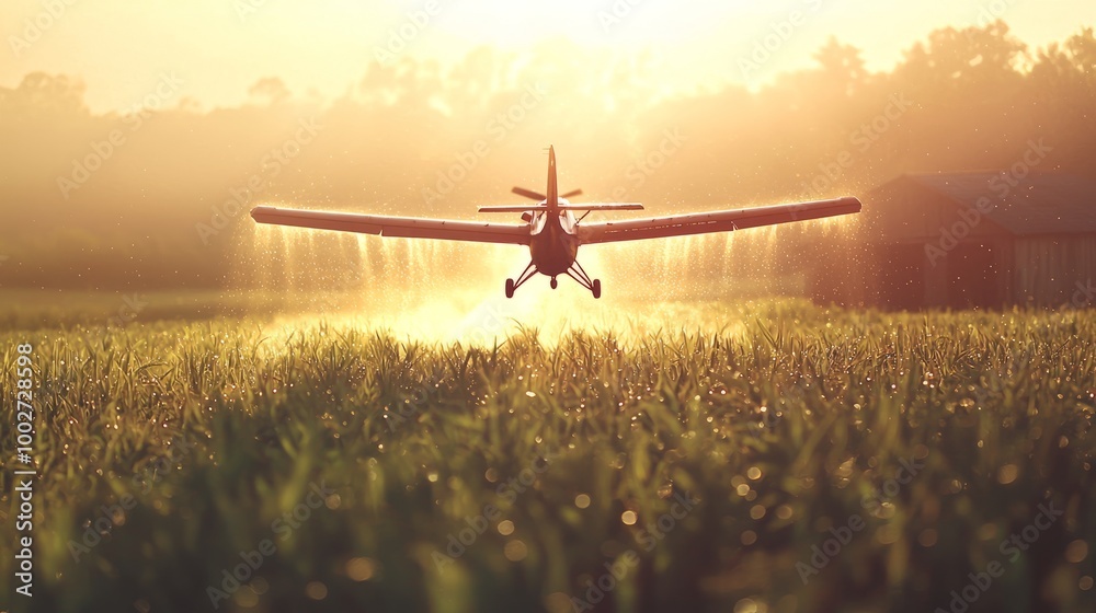 Small airplane taking off from a grassy field at sunset Small airplane taking off from a grassy field at sunset