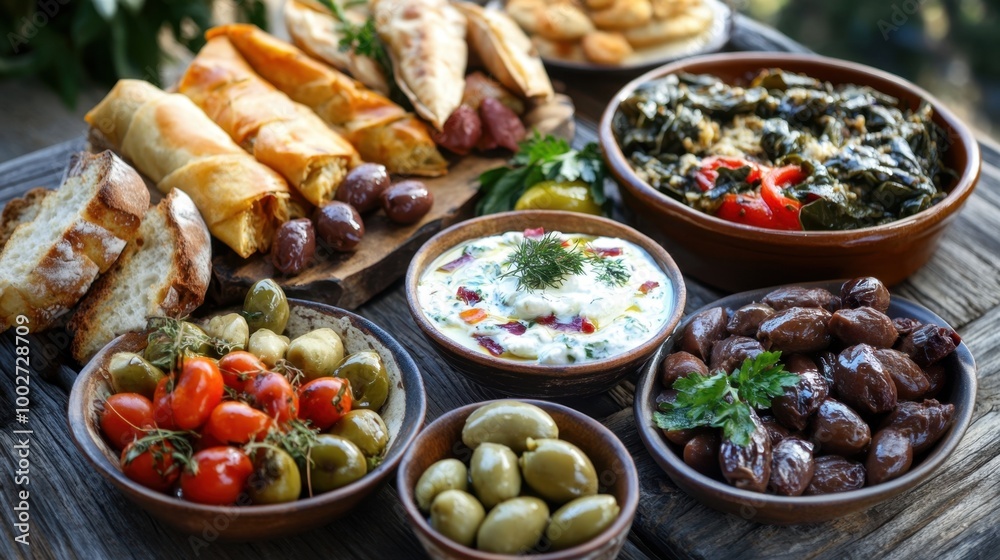 A vibrant selection of Greek delicacies like moussaka, souvlaki, tzatziki, and stuffed grape leaves, displayed on a rustic table with olives and bread. A vibrant selection of Greek delicacies like moussaka, souvlaki, tzatziki, and stuffed grape leaves, displayed on a rustic table with olives and bread.