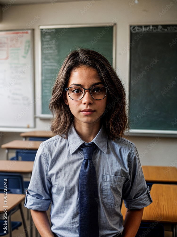 Dedicated female math teacher in classroom environment, representing education and knowledge transfer in STEM fields. Dedicated female math teacher in classroom environment, representing education and knowledge transfer in STEM fields.
