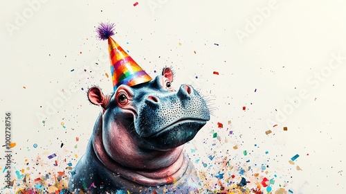 Hippo wearing a party hat, surrounded by confetti, joyful celebration, Watercolor style photo