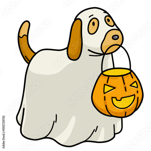 a dog wearing a ghost costume and nibbling on a basket of candy