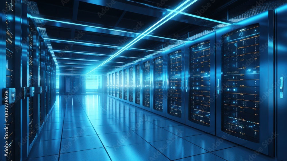 A futuristic server room, illuminated in blue light, showcasing rows of advanced servers essential for AI calculations and data processing. A futuristic server room, illuminated in blue light, showcasing rows of advanced servers essential for AI calculations and data processing.