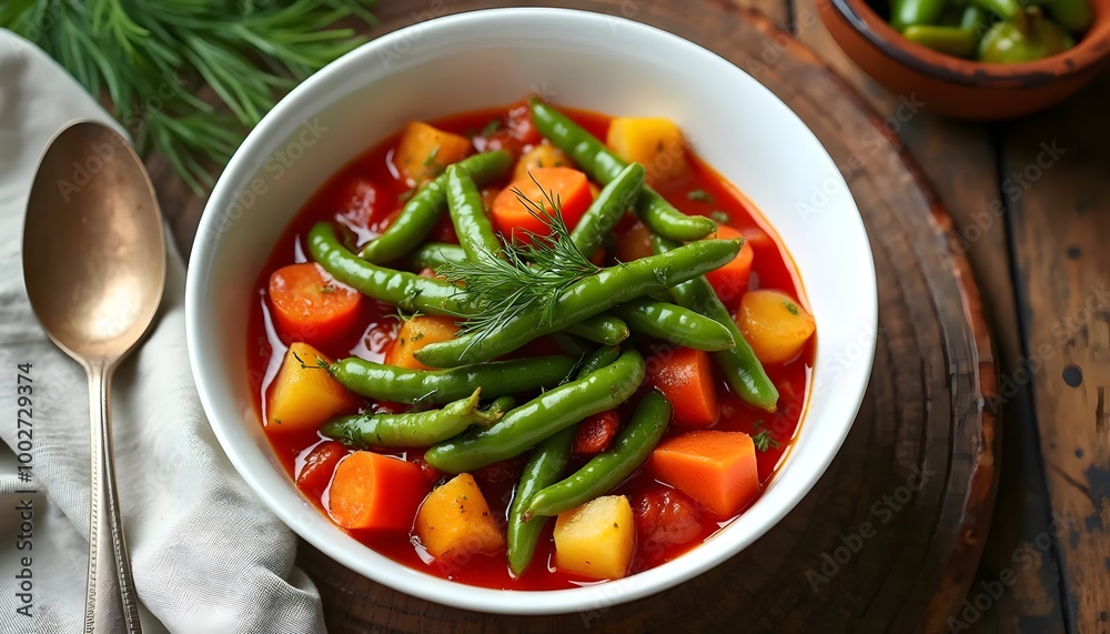 Traditional Fasolakia Ladera with Green Beans, Potatoes, and Carrots (Greek Cuisine)
