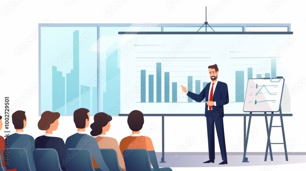 An animated business coach in a suit conducts a training session with visual aids, engaging an audience in a bright and modern room. An animated business coach in a suit conducts a training session with visual aids, engaging an audience in a bright and modern room.