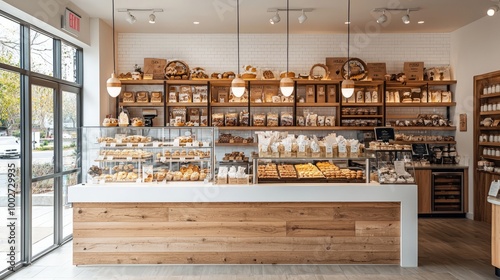 Modern bakery interior with a variety of fresh bread and pastries photo