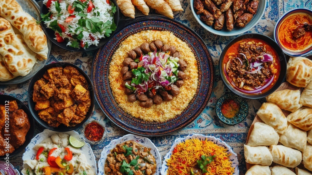 A vibrant table full of Uzbek and Central Asian food such as pilaf, shurpa, and samsa, offering a taste of regional flavors.