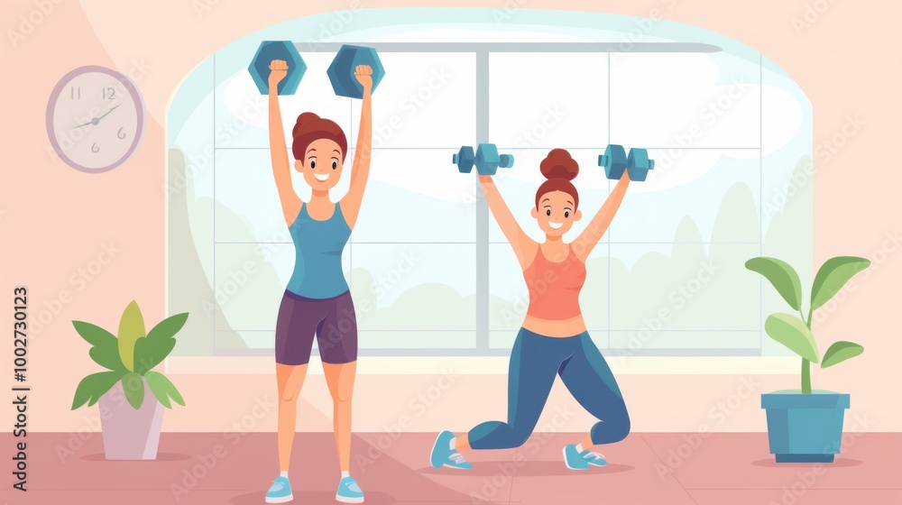 Naklejka premium A playful illustration of a mother and daughter engaging in home exercise, smiling and lifting dumbbells together in a bright, cheerful room.