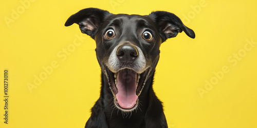 Dog looking surprised, reacting amazed, impressed or scared over solid yellow background. photo