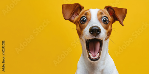Dog looking surprised, reacting amazed, impressed or scared over solid yellow background.