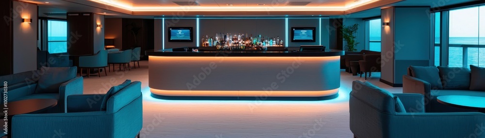 Fototapeta premium Spacious yacht lounge with a high-tech bar, soft LED lighting embedded in the ceiling, and AI-controlled mood settings for relaxation and entertainment