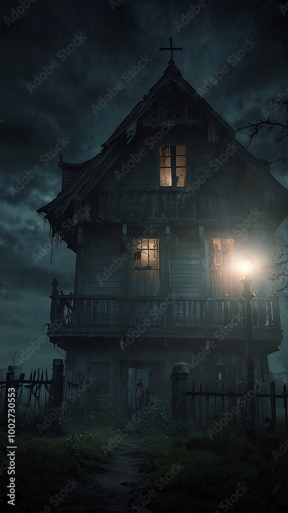 Dark and moody scene of an abandoned property, eerie and creepy haunted house in a foggy forest. Perfect for horror themes and mysterious atmosphere for halloween theme card Dark and moody scene of an abandoned property, eerie and creepy haunted house in a foggy forest. Perfect for horror themes and mysterious atmosphere for halloween theme card