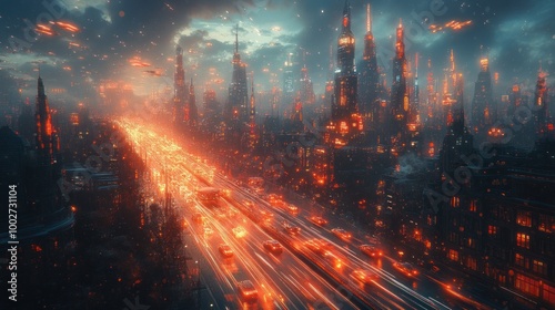 A futuristic cityscape with glowing lights and a highway filled with cars.