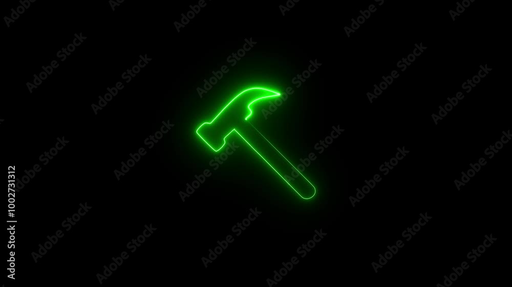 A glowing neon hammer icon on black background. Simple hammer sign symbol. A glowing neon hammer icon on black background. Simple hammer sign symbol.