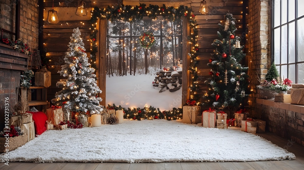 Festive Christmas Photography Backdrop with Snowy Rustic Wooden Decor and Twinkling Lights Ideal for Seasonal Holiday Portrait Sessions and Festive Christmas Photography Backdrop with Snowy Rustic Wooden Decor and Twinkling Lights Ideal for Seasonal Holiday Portrait Sessions and