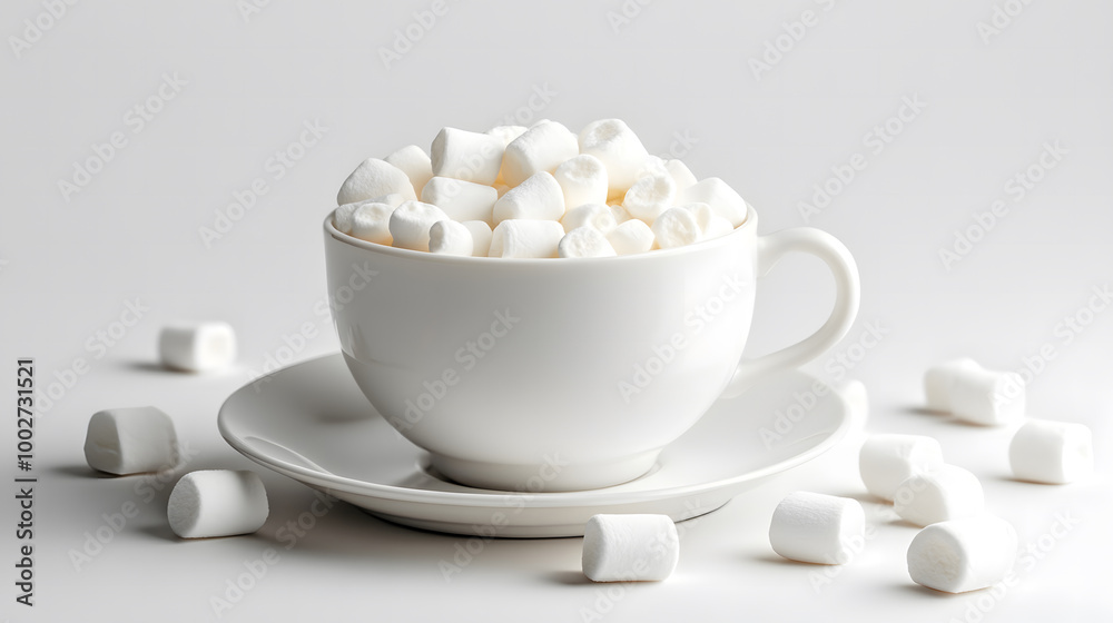 White Cup Filled with Marshmallows on a Minimalist Background
