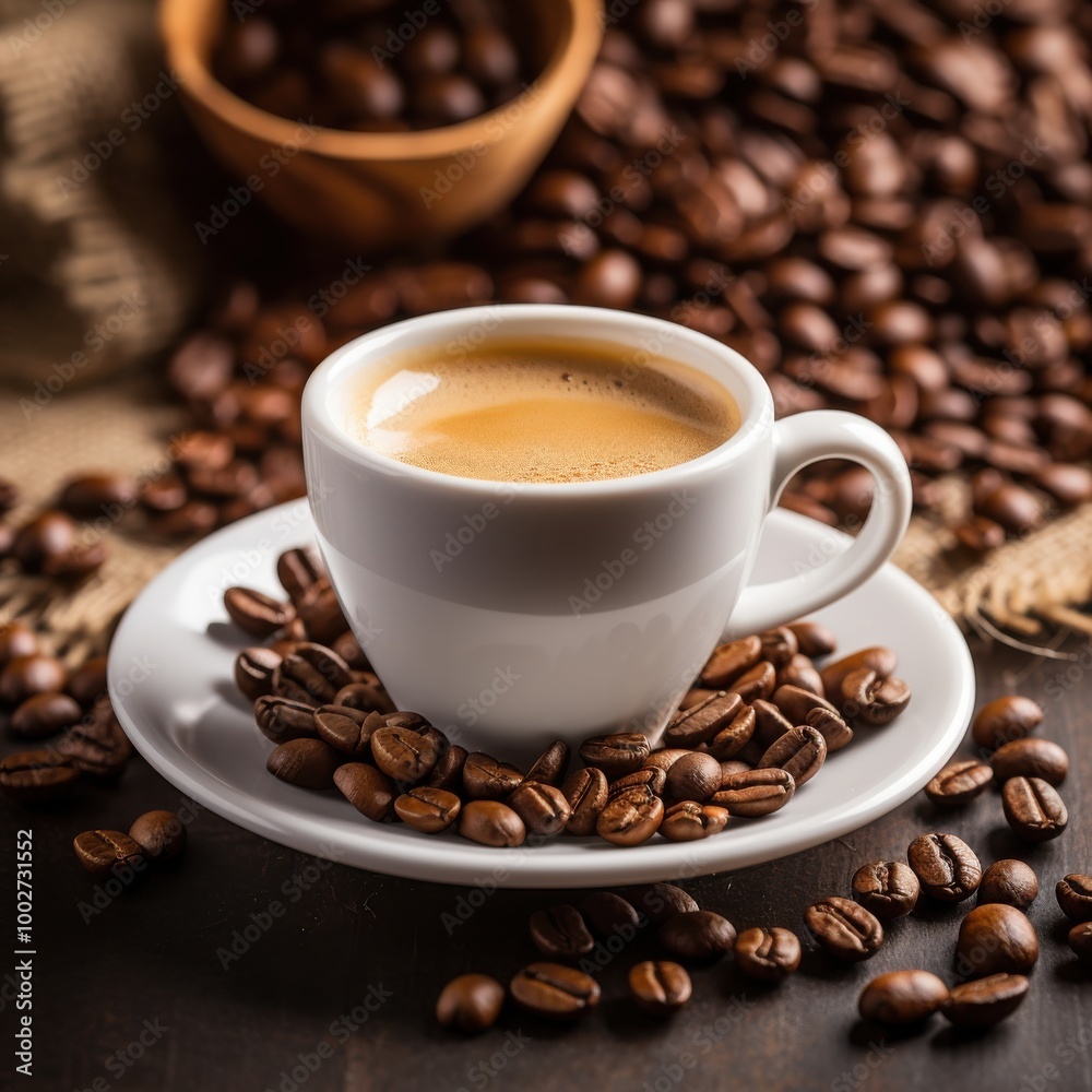 A steaming cup of espresso sits on a saucer surrounded by a plethora of coffee beans, offering an inviting and aromatic coffee experience. A steaming cup of espresso sits on a saucer surrounded by a plethora of coffee beans, offering an inviting and aromatic coffee experience.
