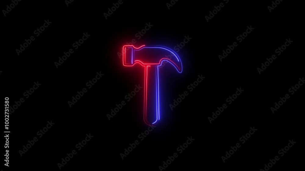 A glowing neon hammer icon on black background. Simple hammer sign symbol. A glowing neon hammer icon on black background. Simple hammer sign symbol.