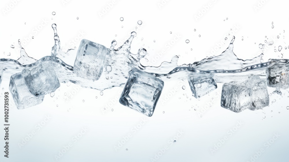 Ice cubes splash into water, suspended in mid-air with droplets scattering in a high-resolution, crystal-clear depiction of refreshing coolness. Ice cubes splash into water, suspended in mid-air with droplets scattering in a high-resolution, crystal-clear depiction of refreshing coolness.