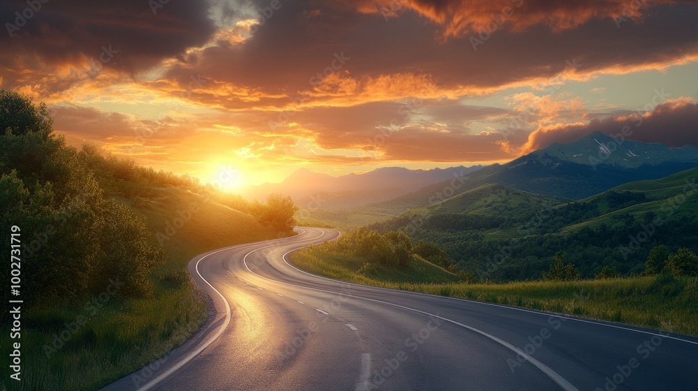 A winding road with a sunset in the background A winding road with a sunset in the background