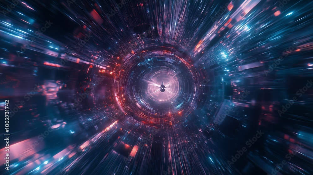 A futuristic tunnel filled with vibrant lights and colors, depicting motion through a digital space at high speed A futuristic tunnel filled with vibrant lights and colors, depicting motion through a digital space at high speed