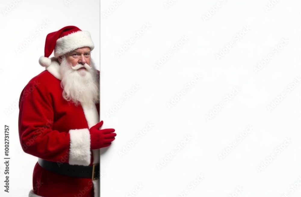 Charismatic Santa Claus peeks out from behind a large empty white board and smiles at the camera, pointing to your advertisement with his hand. Place for text Charismatic Santa Claus peeks out from behind a large empty white board and smiles at the camera, pointing to your advertisement with his hand. Place for text