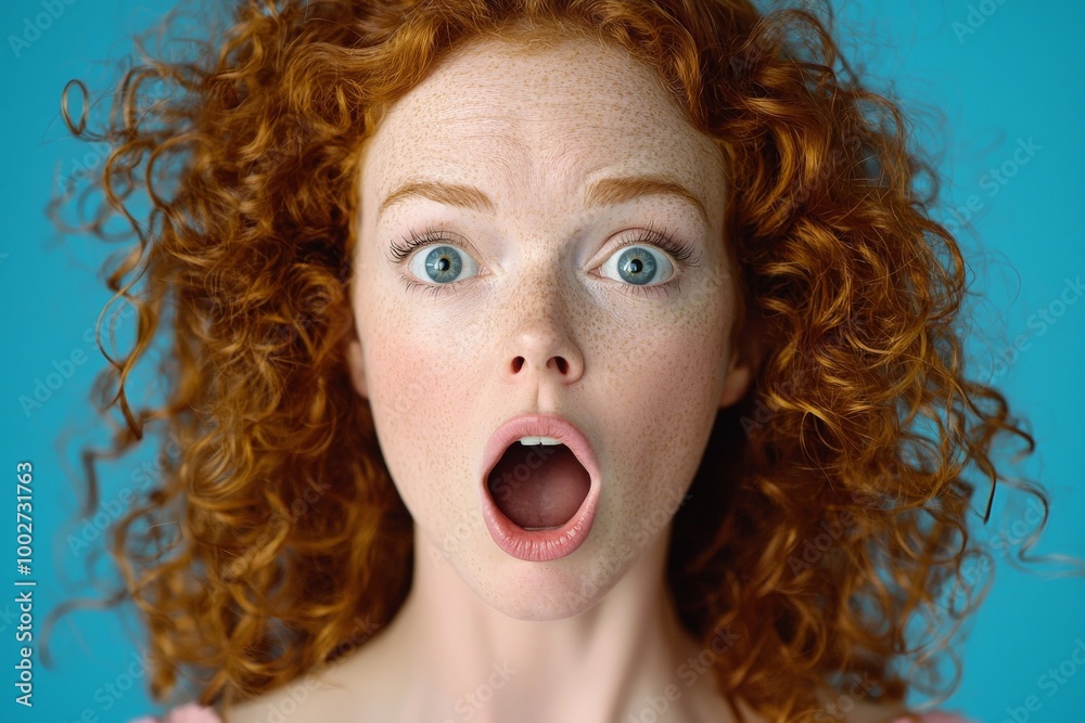 a curly haired redheaded woman with a shocked expression - huge eyes and an open mouth - studio portrait on blue background a curly haired redheaded woman with a shocked expression - huge eyes and an open mouth - studio portrait on blue background