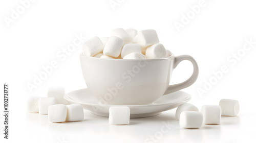 White Cup Filled with Marshmallows on a Minimalist Background