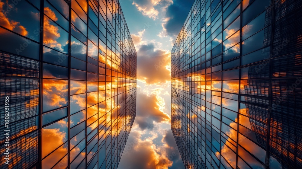 A low angle view of two glass skyscrapers with the setting sun reflected in the windows, creating a dramatic and colorful scene. A low angle view of two glass skyscrapers with the setting sun reflected in the windows, creating a dramatic and colorful scene.