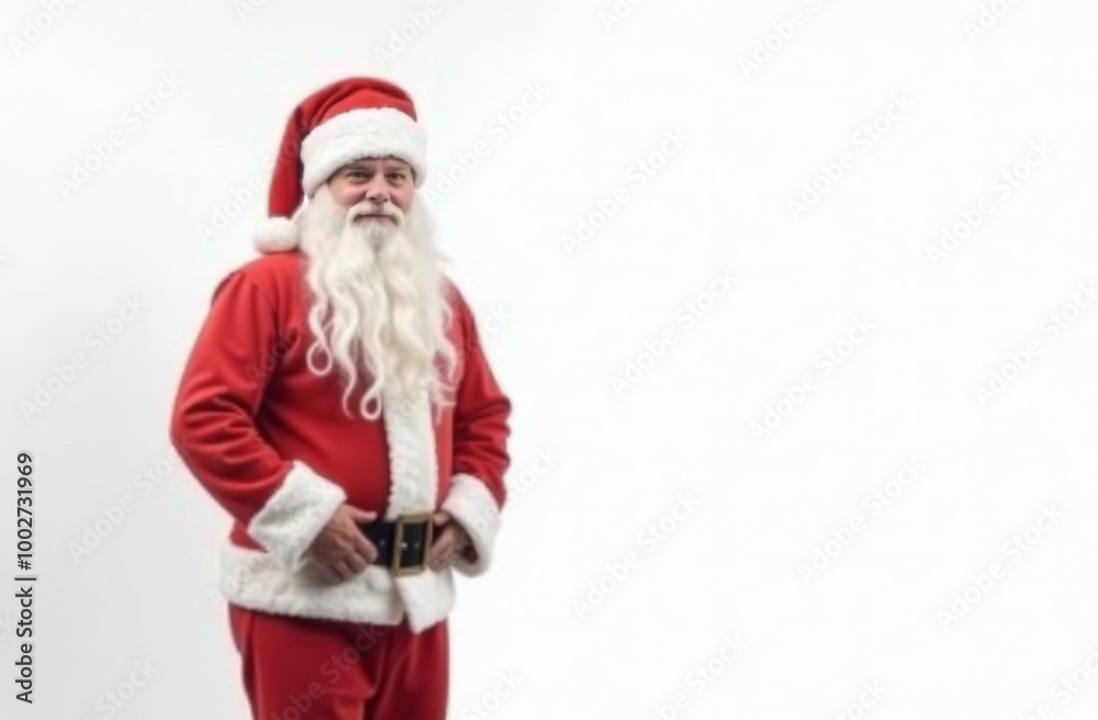 Charismatic Santa Claus peeks out from behind a large empty white board and smiles at the camera, pointing to your advertisement with his hand. Place for text Charismatic Santa Claus peeks out from behind a large empty white board and smiles at the camera, pointing to your advertisement with his hand. Place for text