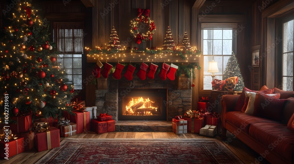 Cozy and festive Christmas backdrop featuring a warm fireplace twinkling Christmas tree wrapped an assortment of traditional holiday in a comfortable inviting living room setting Cozy and festive Christmas backdrop featuring a warm fireplace twinkling Christmas tree wrapped an assortment of traditional holiday in a comfortable inviting living room setting