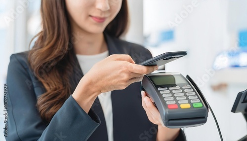 A person is using a mobile device to pay for something at a store 