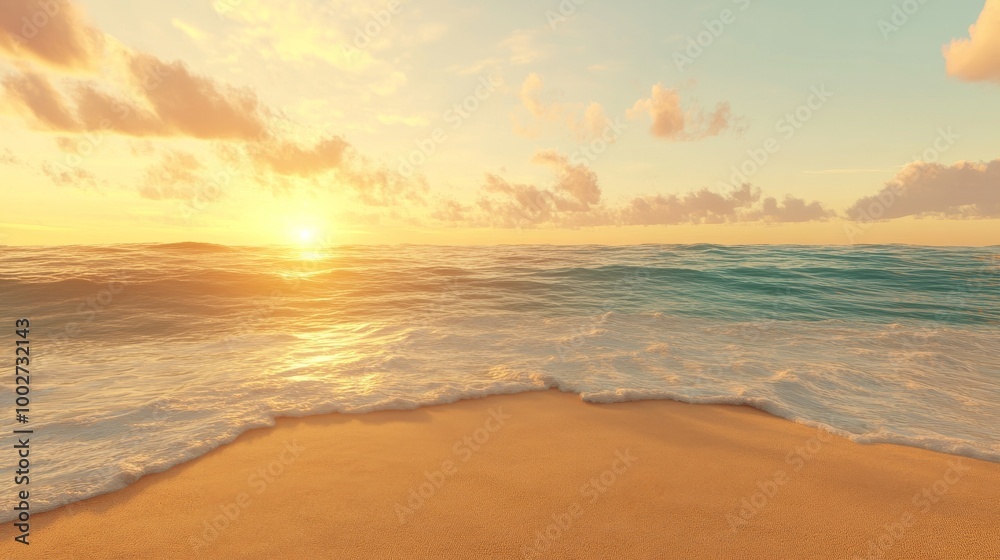 Golden beach at dusk, the sky painted in warm hues Golden beach at dusk, the sky painted in warm hues
