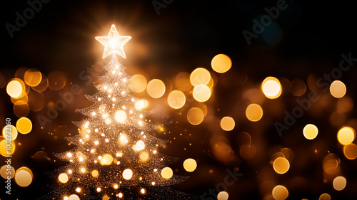 Efecto bokeh de un árbol de Navidad hecho con bombillas, con el foco en una bombilla con detalles nítidos sobre un fondo desenfocado lleno de luces borrosas.  photo