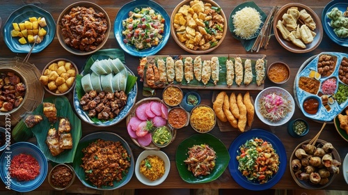 A wooden table filled with a variety of Sundanese village specialties, surrounded by colorful plates of traditional dishes, ready to serve.