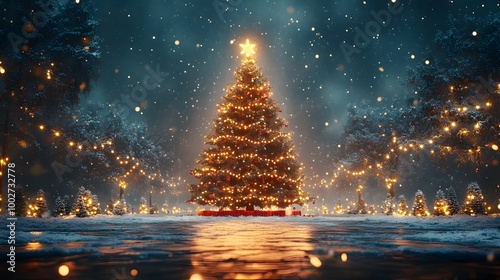 Magical Christmas holiday backdrop with a large fully decorated Christmas tree surrounded by glowing lights festive ornaments and a snowy winter wonderland scene Perfect for a cozy warm