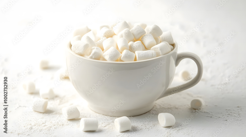White Cup Filled with Marshmallows on a Minimalist Background White Cup Filled with Marshmallows on a Minimalist Background