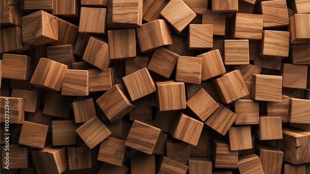 A close-up view of numerous small wooden cubes, showcasing their natural texture and warm tones, arranged randomly. A close-up view of numerous small wooden cubes, showcasing their natural texture and warm tones, arranged randomly.