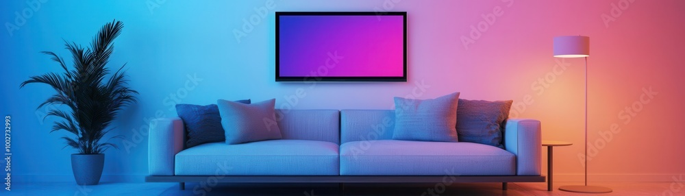 A modern, high-tech living room with dynamic smart furniture, holographic TV system, and ambient lighting that adjusts automatically for comfort A modern, high-tech living room with dynamic smart furniture, holographic TV system, and ambient lighting that adjusts automatically for comfort