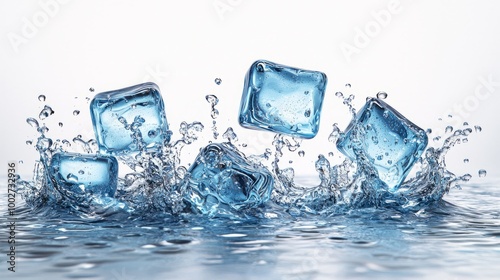 Ice cubes splashing into water against a white background