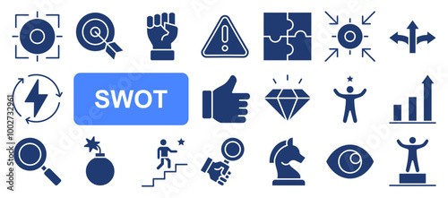 SWOT strengths, weaknesses, opportunities and threats editable stroke outline icons set isolated on white background flat vector illustration. Pixel perfect.