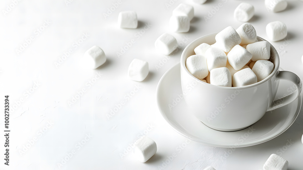 White Cup Filled with Marshmallows on a Minimalist Background