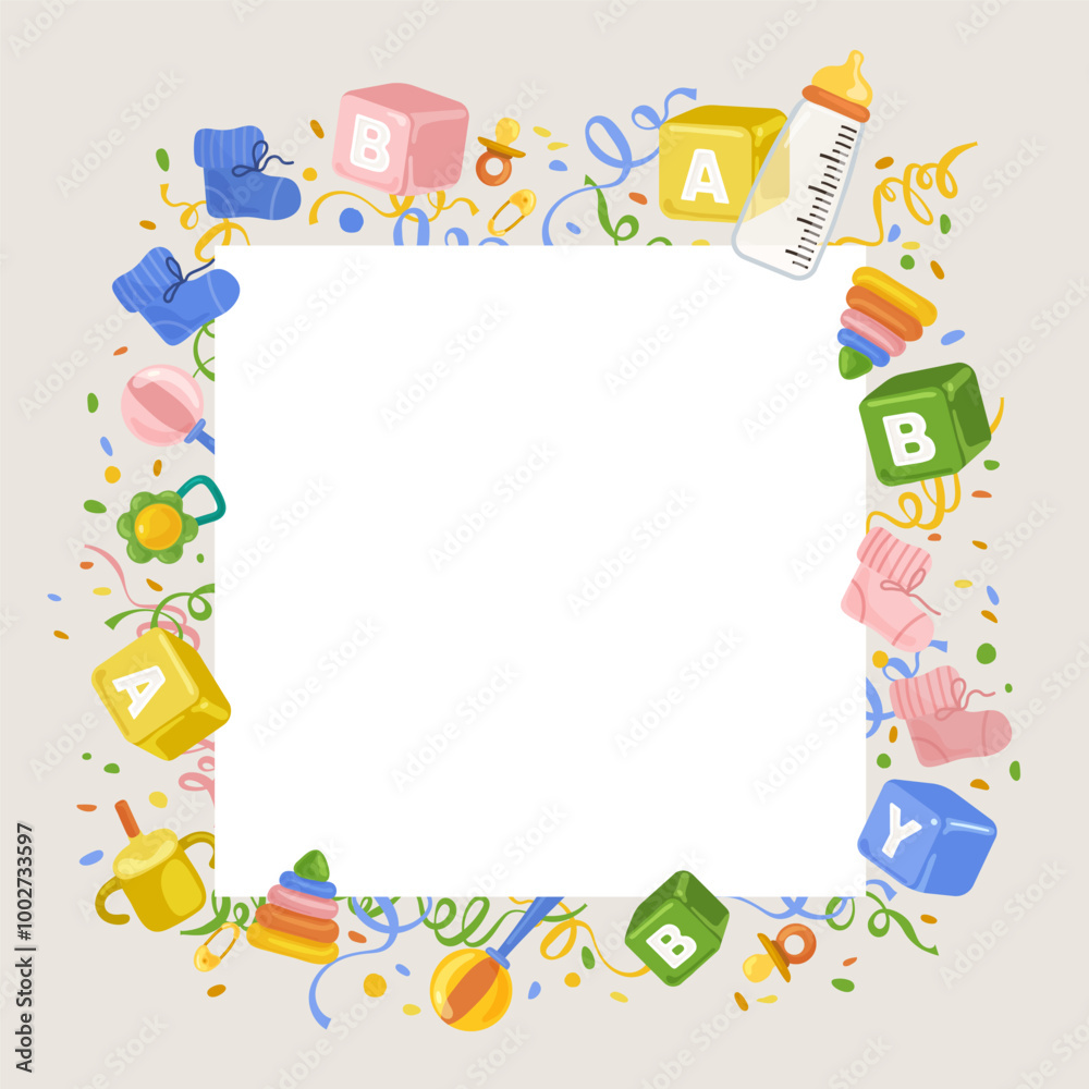 An invitation template for a gender party with cubes, a pacifier, a drinking cup, a pyramid, a rattle, socks. Vector illustration An invitation template for a gender party with cubes, a pacifier, a drinking cup, a pyramid, a rattle, socks. Vector illustration