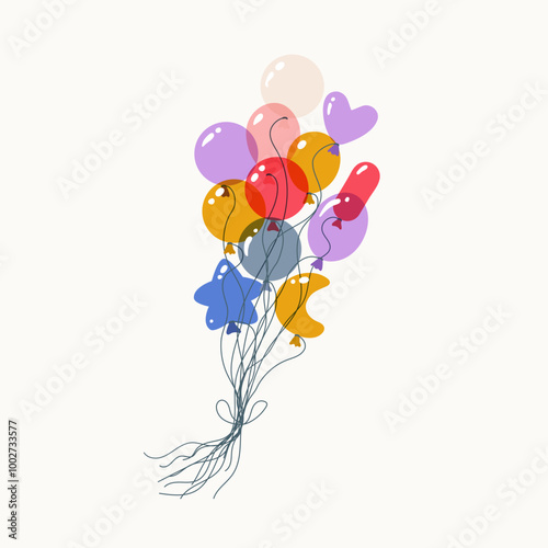Colorful balloons with strings on a white background. Vector illustration