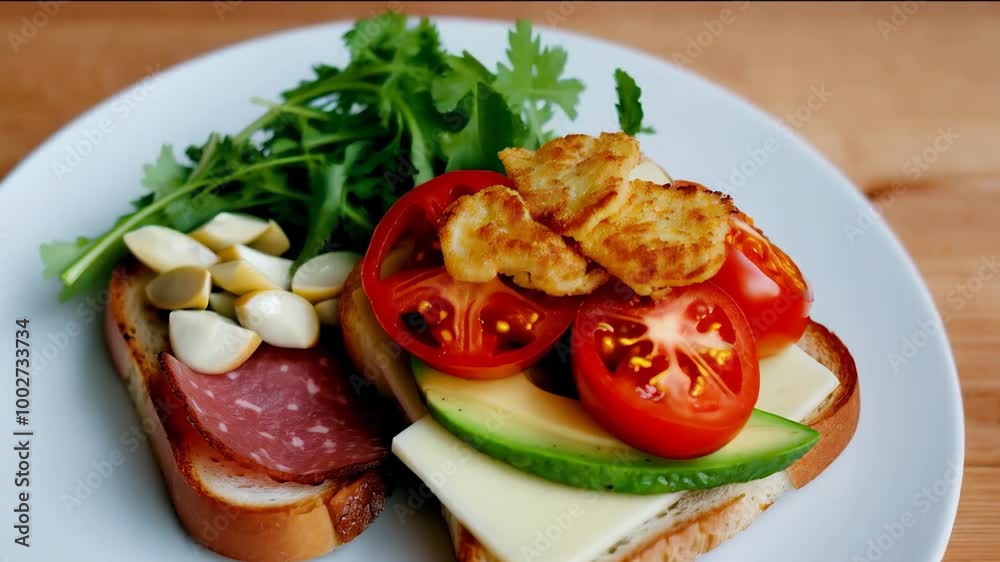 Open sandwich of toasted bread with salami and vegetables, A tasty and nutritious snack
Open sandwich of toasted bread with salami and vegetables, A tasty and nutritious snack